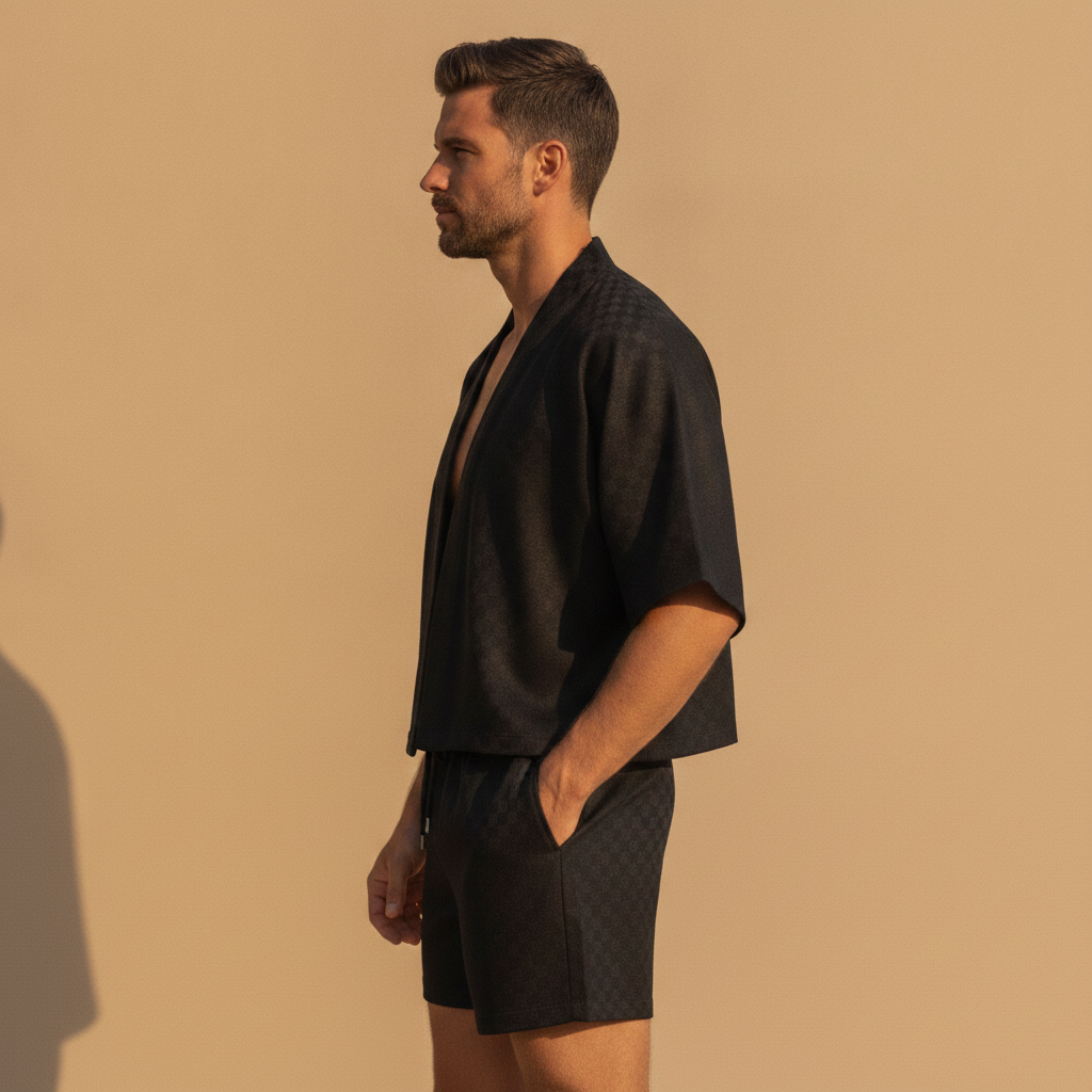 Completo Coordinato Uomo Camicia Kimono-Style e Pantaloncini - vista laterale