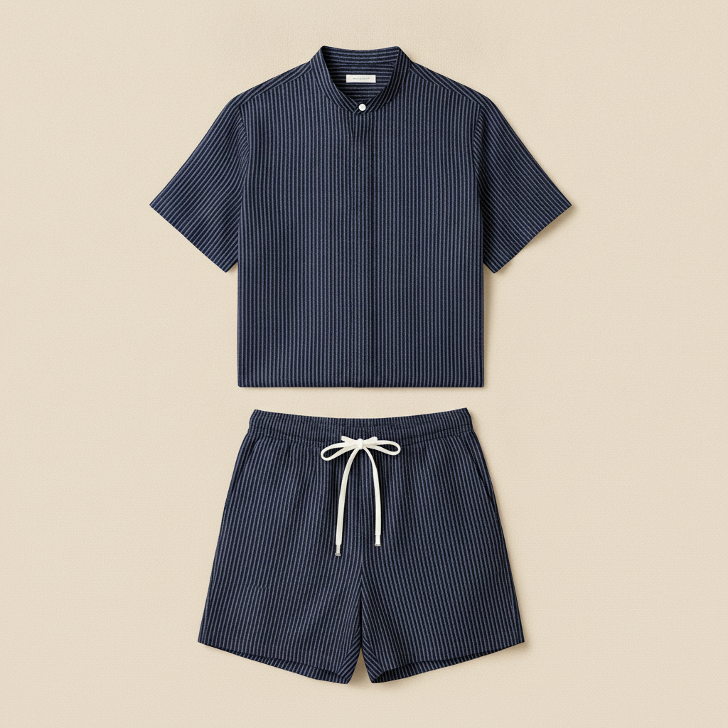 Completo Coordinato Uomo Camicia Righe Sottili e Pantaloncini - Bianco Righe Navy