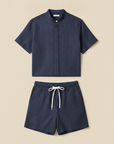 Completo Coordinato Uomo Camicia Righe Sottili e Pantaloncini - Bianco Righe Navy