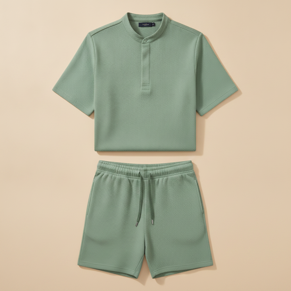 Completo Coordinato Uomo Camicia Piqué e Pantaloncini - Verde Salvia
