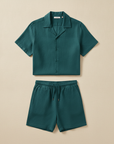 Completo Coordinato Uomo Camicia Cuban Collar Tinta Unita e Pantaloncini - Blu Ottanio