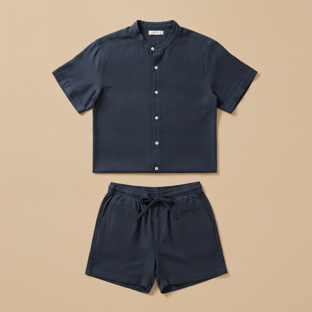 Completo Coordinato Uomo Camicia Lino Blend e Pantaloncini Comfort - Blu Navy