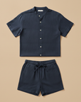 Completo Coordinato Uomo Camicia Lino Blend e Pantaloncini Comfort - Blu Navy
