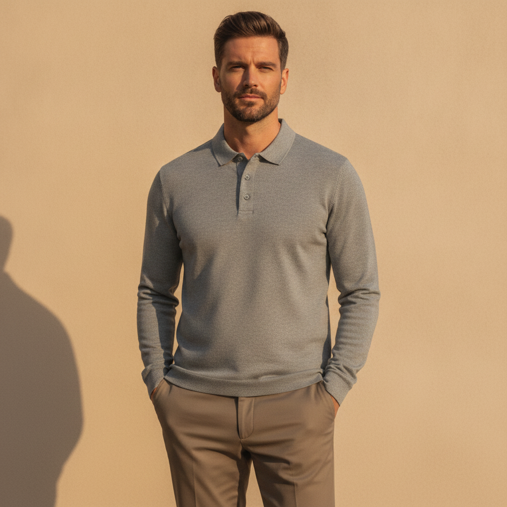 Polo Uomo Manica Lunga in Cotone – Elegante Casual per Mezza Stagione - Grigio Melange - indossato