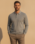 Polo Uomo Manica Lunga in Cotone – Elegante Casual per Mezza Stagione - Grigio Melange - indossato