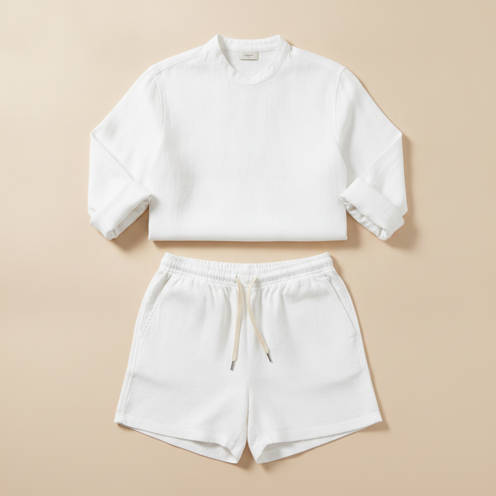 Completo Coordinato Uomo Camicia Lino Manica Lunga e Pantaloncini - Bianco