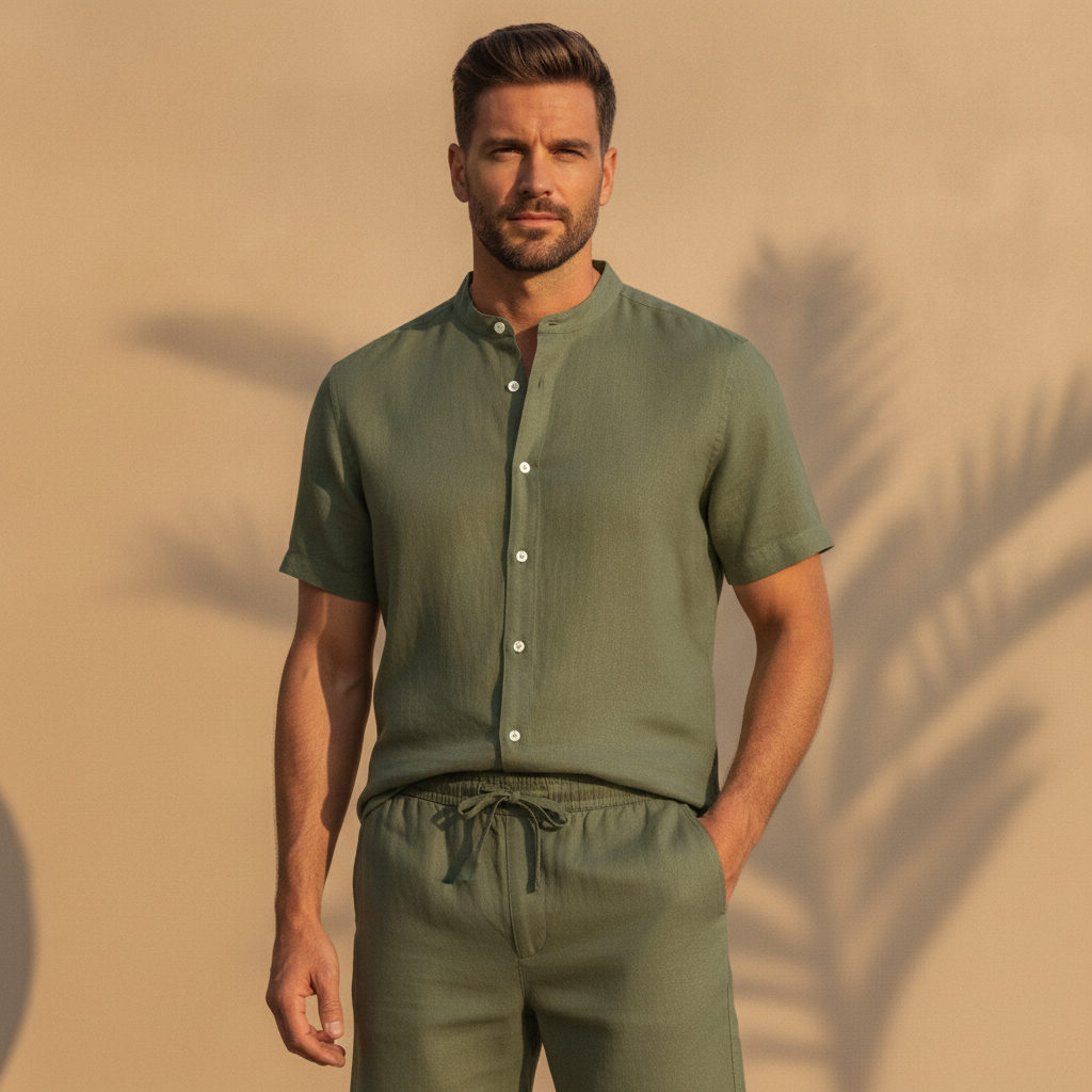 Completo Coordinato Uomo Camicia Lino Blend e Pantaloncini Comfort - Verde Oliva - indossato