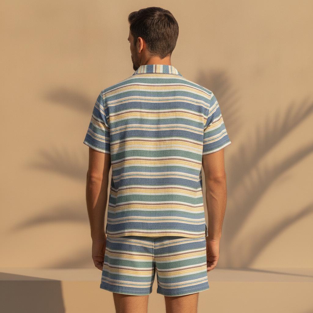 Completo Coordinato Uomo Camicia Righe Multicolor e Pantaloncini - vista posteriore