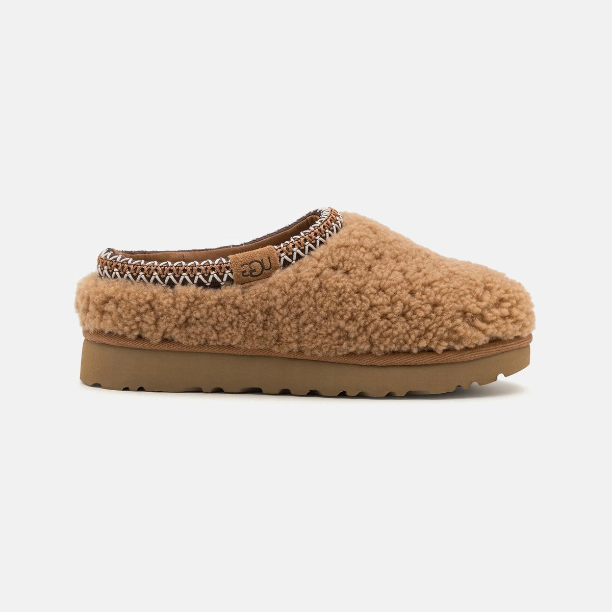 UGG Tasman Maxi Curly Chestnut ciabatte chiuse donna in pelle scamosciata e montone marrone chestnut, vista laterale