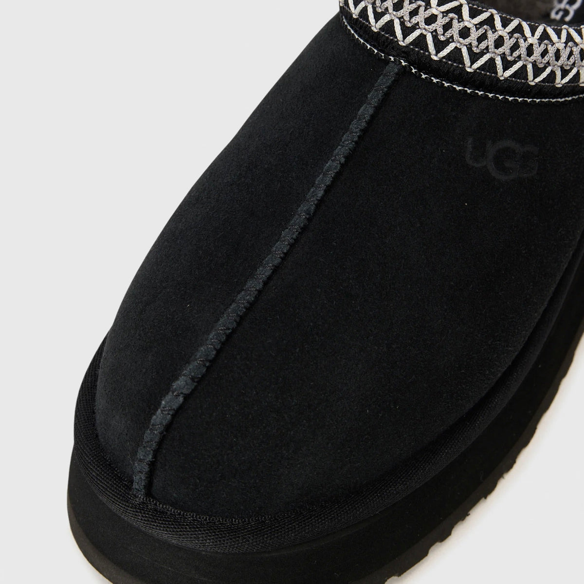 UGG Tazz II Black ciabatte platform donna in pelle scamosciata e montone nero, vista dall'alto