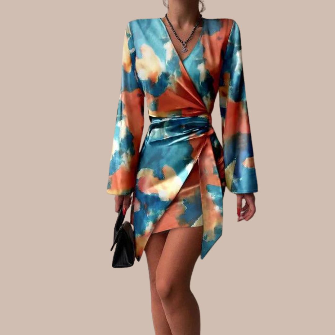 Abito portafoglio femminile di Jena - Stampa di testo, V in calo, eleganti maniche lunghe
