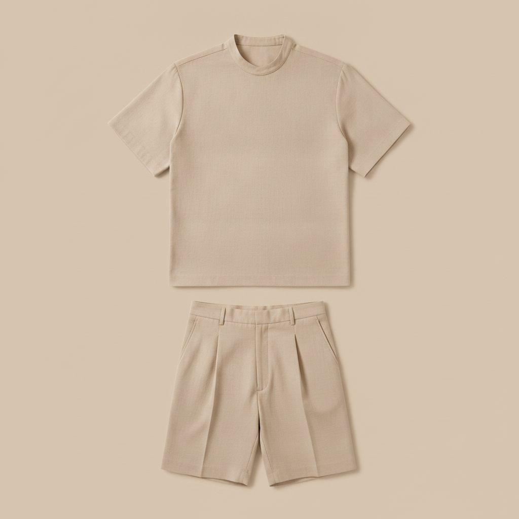 Completo Coordinato Uomo Camicia e Pantaloncini con Pinces - Beige
