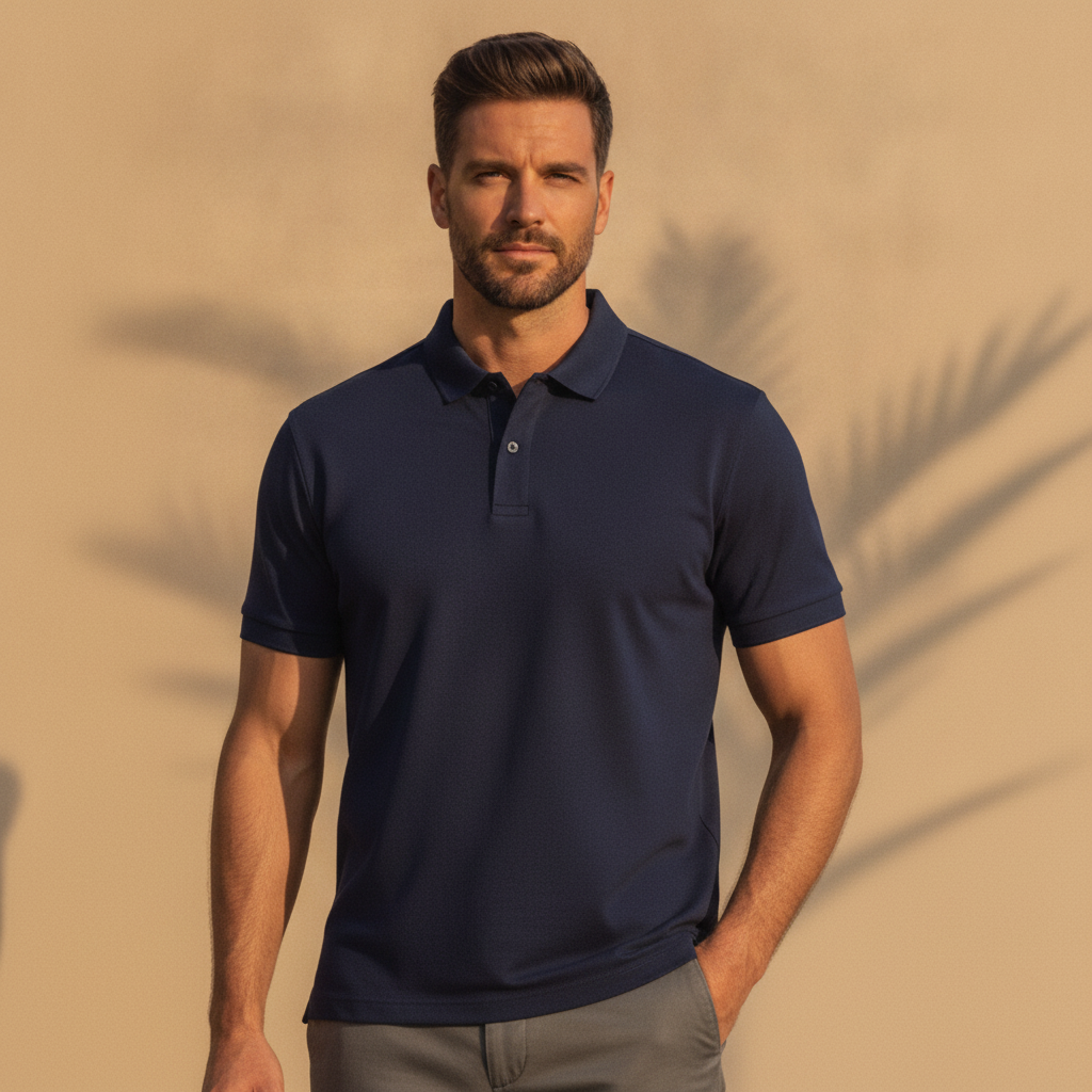 Polo Uomo Micro-Fantasia – Motivo Discreto ed Elegante - Blu Navy - indossato