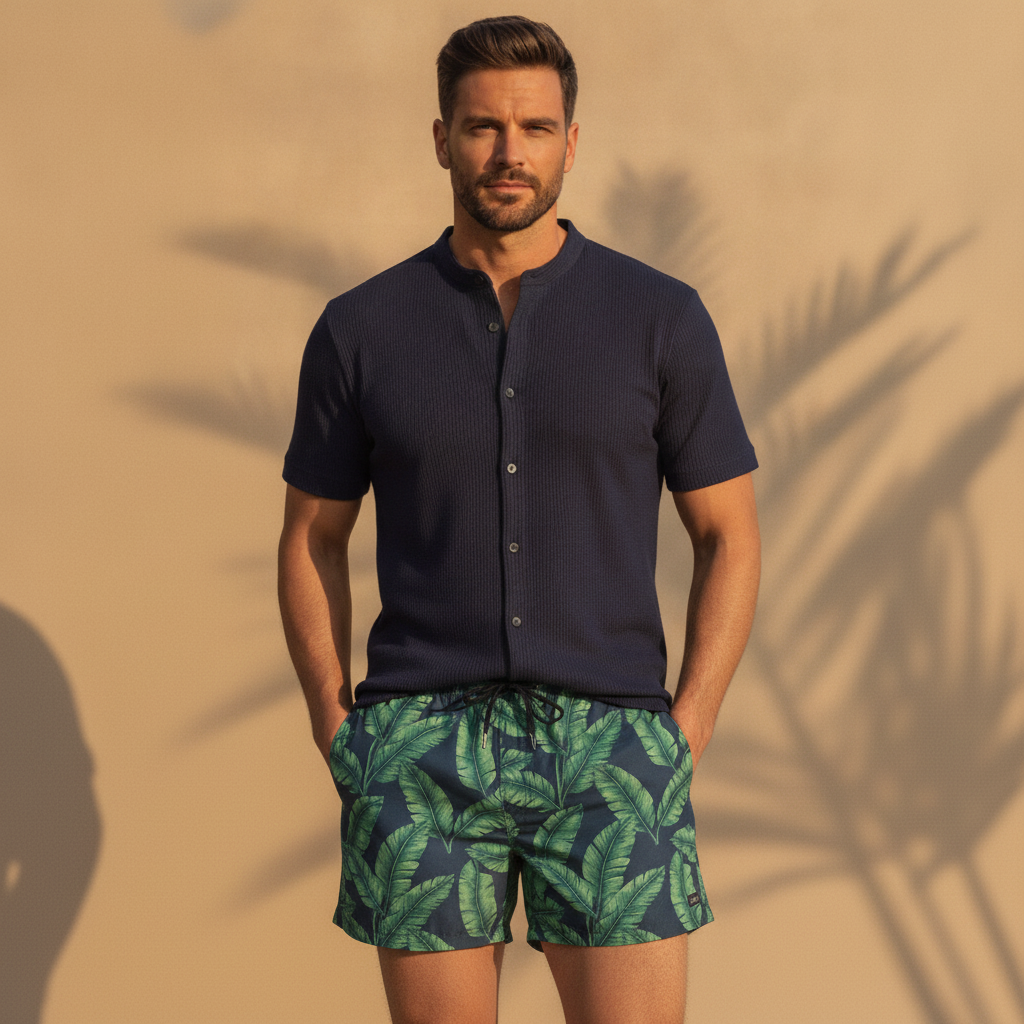 Costume Boxer Uomo con Coulisse – Fantasia Tropicale Estiva - Foglie Verdi - indossato