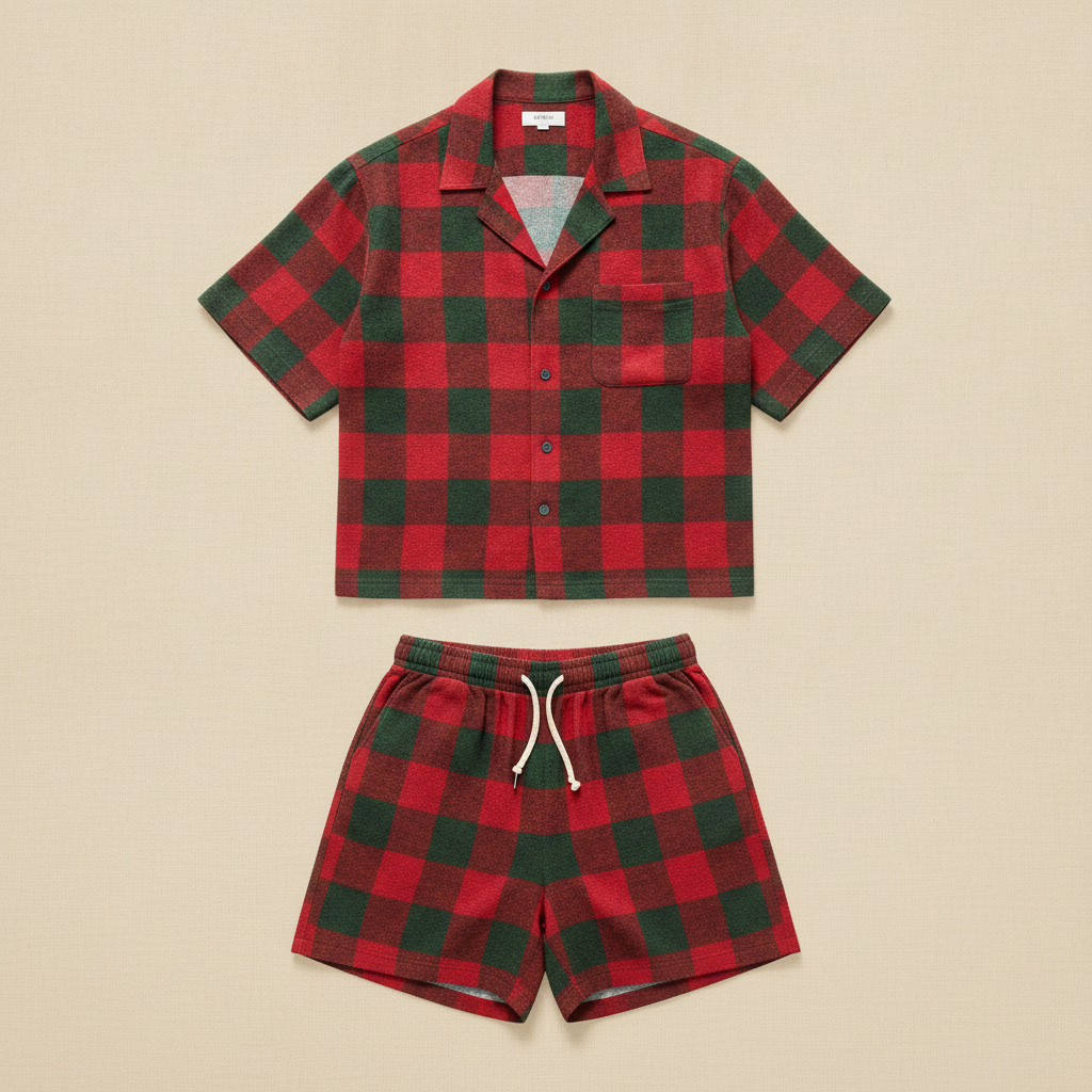 Completo Coordinato Uomo Camicia Tartan Estivo e Pantaloncini - Tartan Rosso