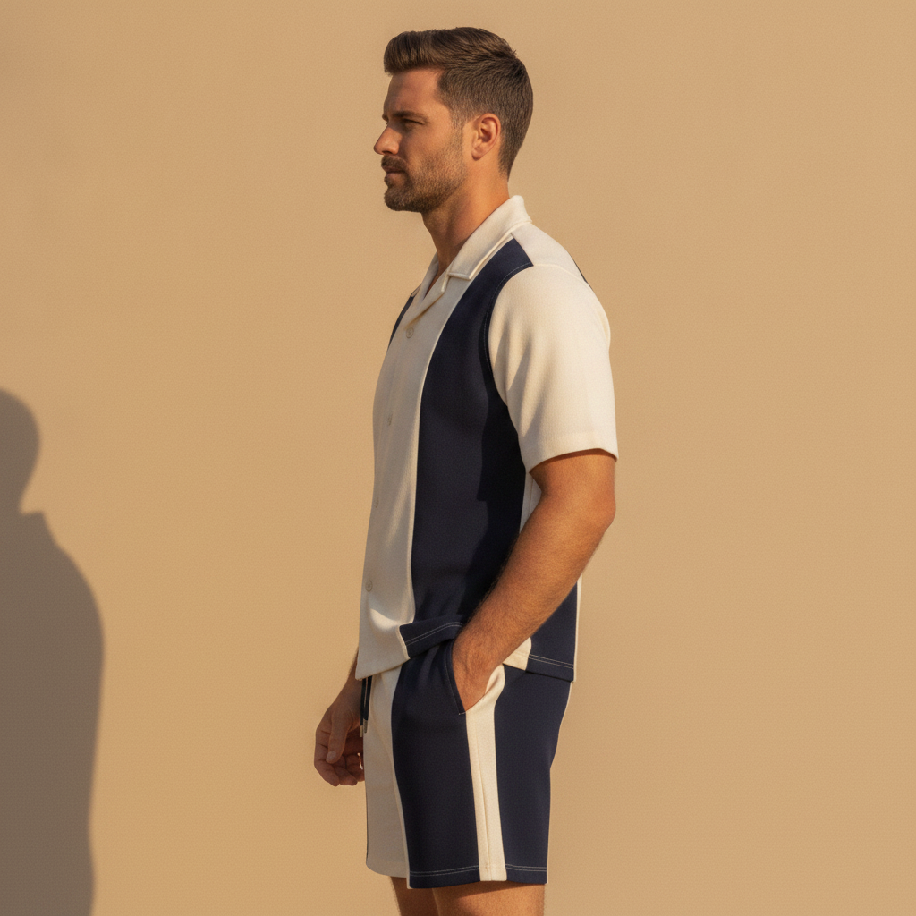 Completo Coordinato Uomo Camicia Color Block e Pantaloncini - vista laterale