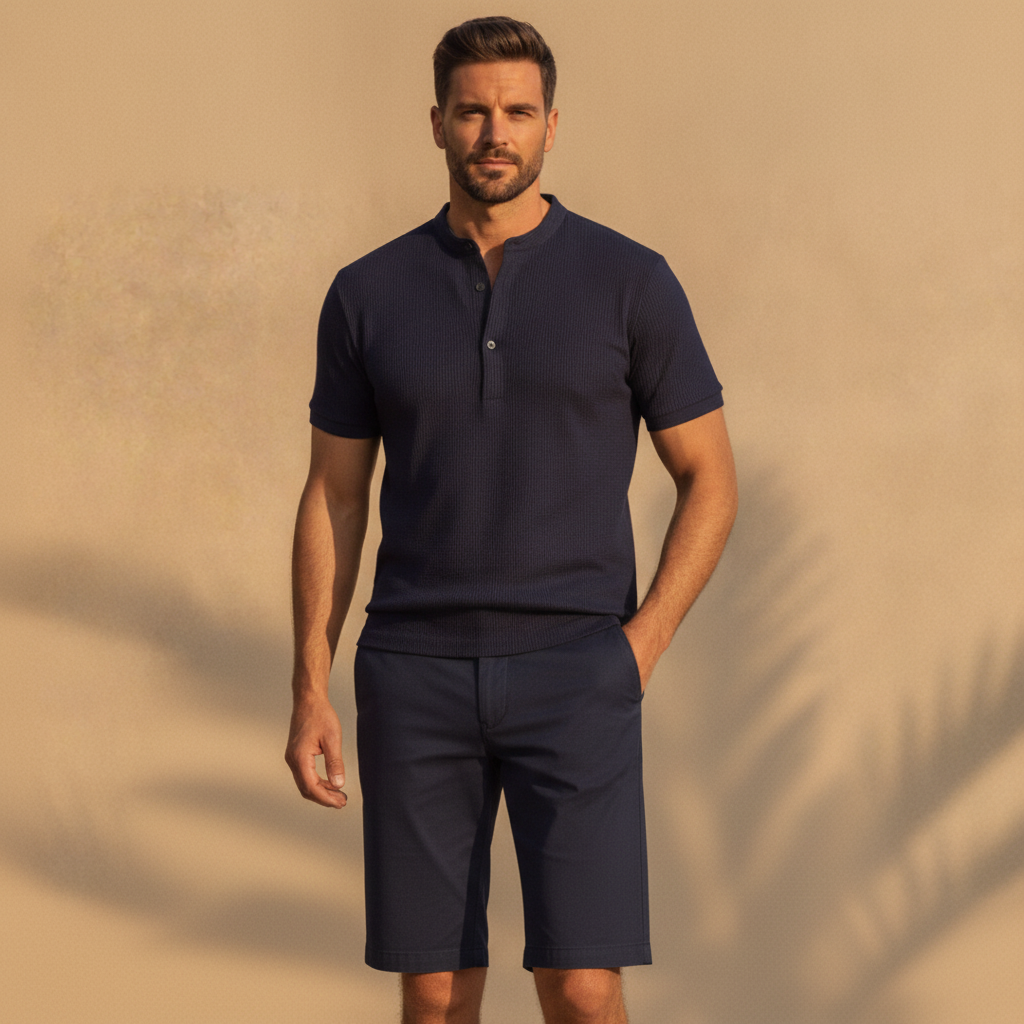 Pantaloncini Chino Slim Uomo – Vestibilità Moderna Aderente - Blu Navy - indossato