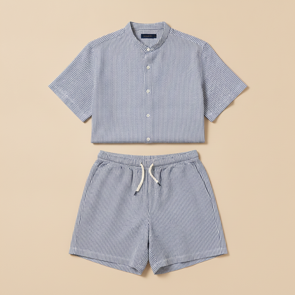 Completo Coordinato Uomo Camicia Seersucker e Pantaloncini - Navy e Bianco