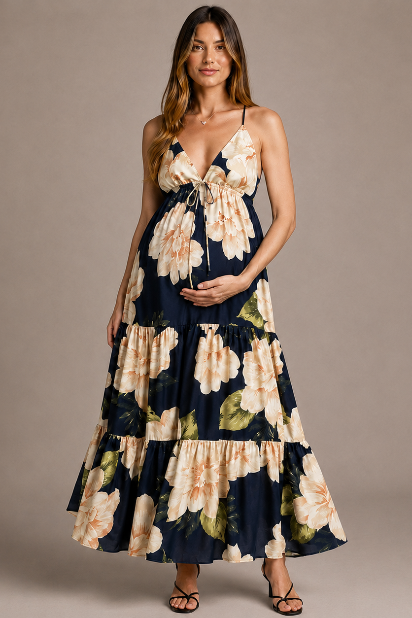 Abito lungo donna in tessuto leggero, scollo a V