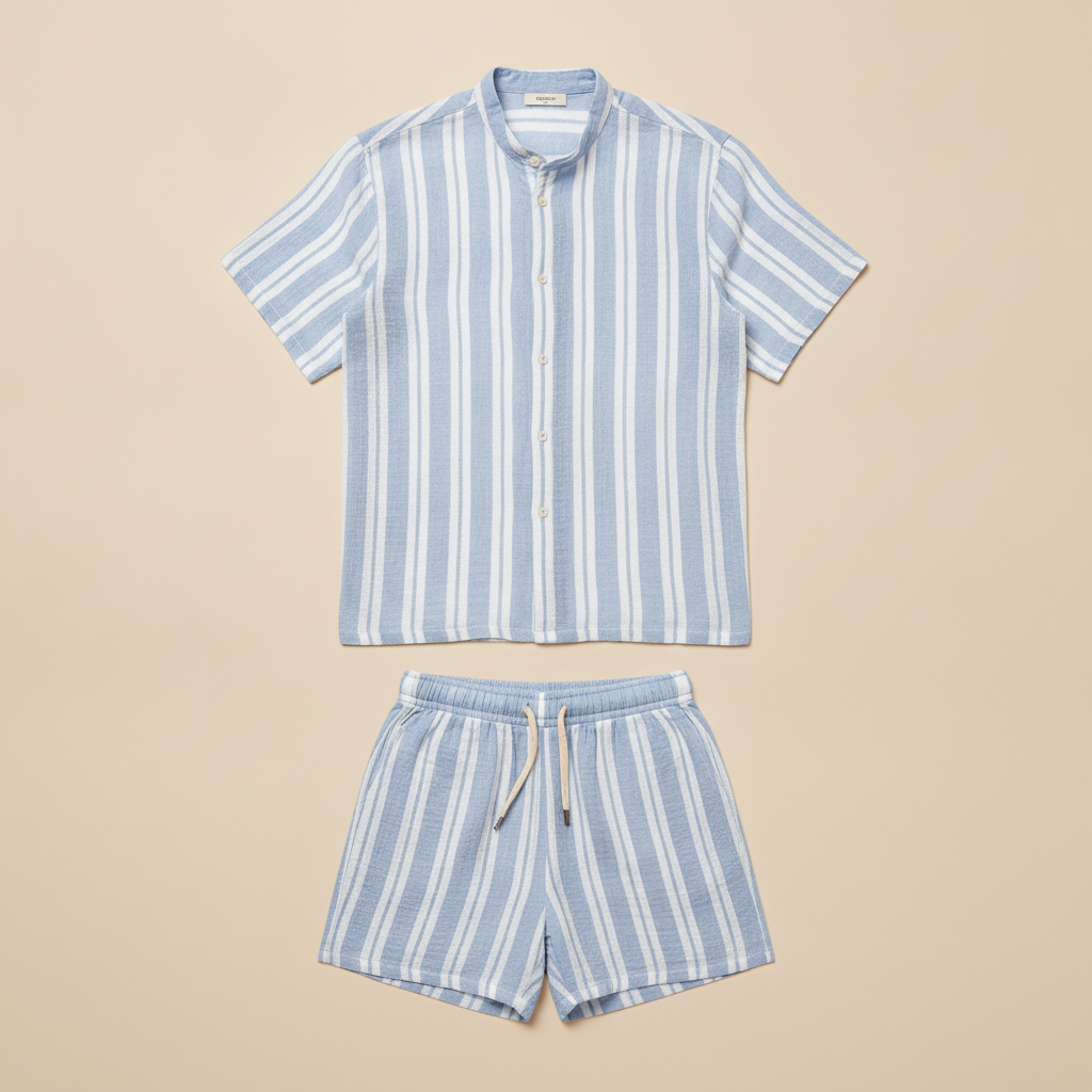 Completo Coordinato Uomo Camicia Garza Rigata e Pantaloncini - Azzurro e Bianco