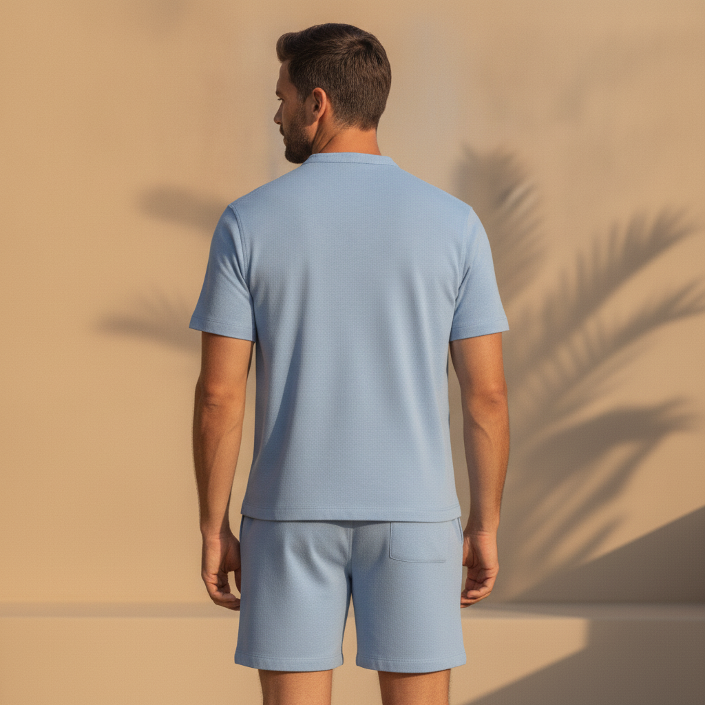 Completo Coordinato Uomo Camicia Chambray Ricamata e Pantaloncini - vista posteriore