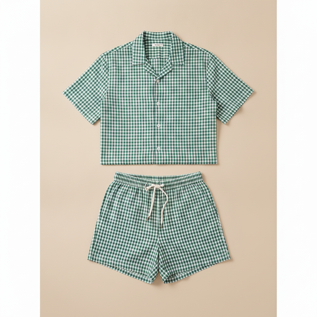 Completo Coordinato Uomo Camicia Quadretti Vichy e Pantaloncini - Verde e Bianco