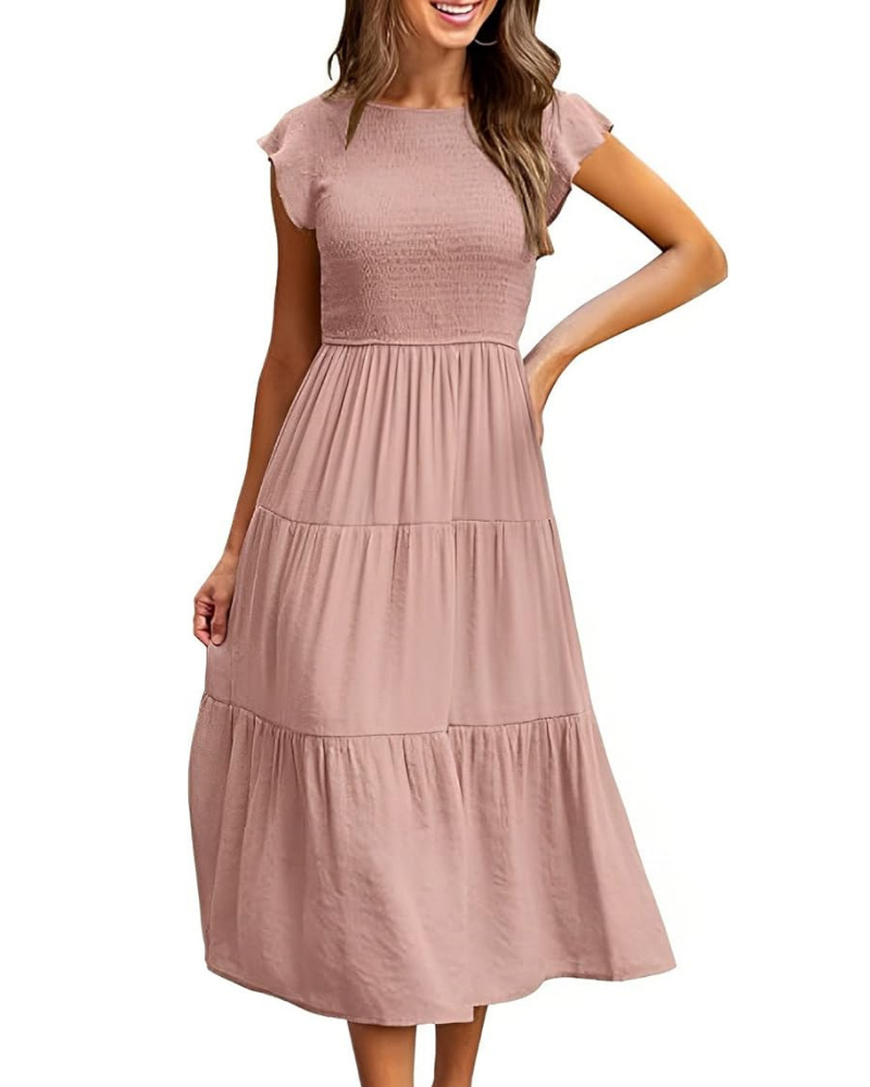 Greta Vestito Midi Donna – Girocollo, Maniche a Volant e Vita Elastica A-Line Estate