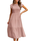 Greta Vestito Midi Donna – Girocollo, Maniche a Volant e Vita Elastica A-Line Estate