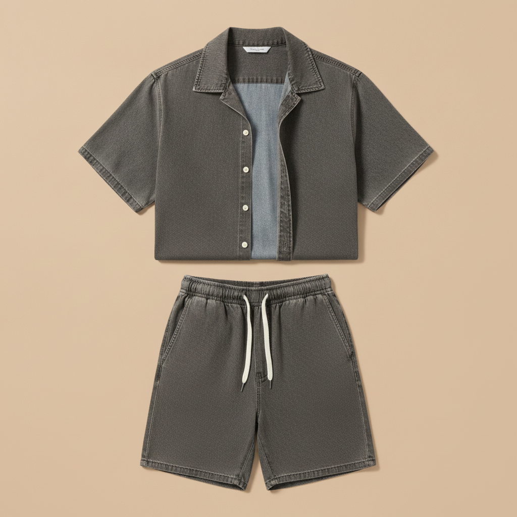 Completo Coordinato Uomo Camicia Denim Leggero e Pantaloncini - Grigio Denim