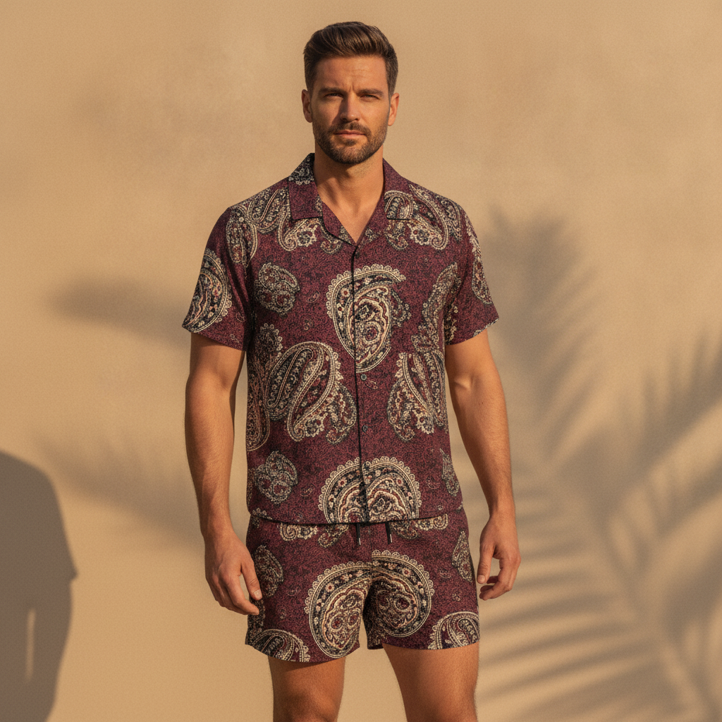 Completo Coordinato Uomo Camicia Paisley e Pantaloncini - Paisley Bordeaux - indossato