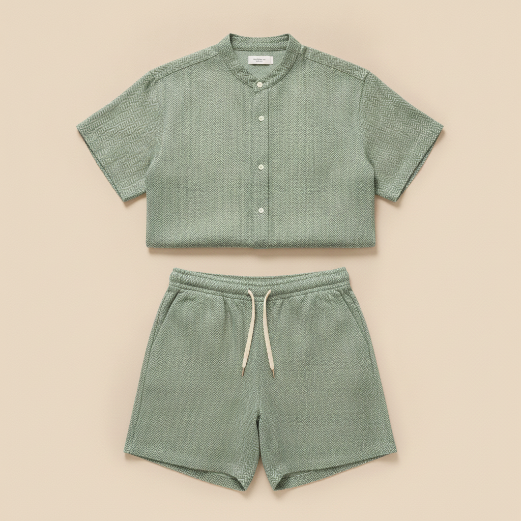 Completo Coordinato Uomo Camicia Lino a Spina e Pantaloncini - Verde Spigato