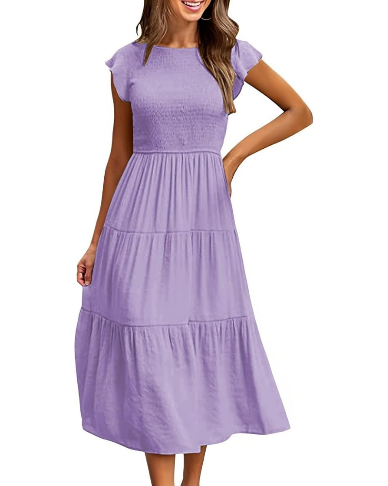 Greta Vestito Midi Donna – Girocollo, Maniche a Volant e Vita Elastica A-Line Estate