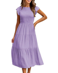 Greta Vestito Midi Donna – Girocollo, Maniche a Volant e Vita Elastica A-Line Estate
