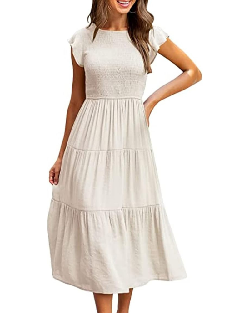Greta Vestito Midi Donna – Girocollo, Maniche a Volant e Vita Elastica A-Line Estate