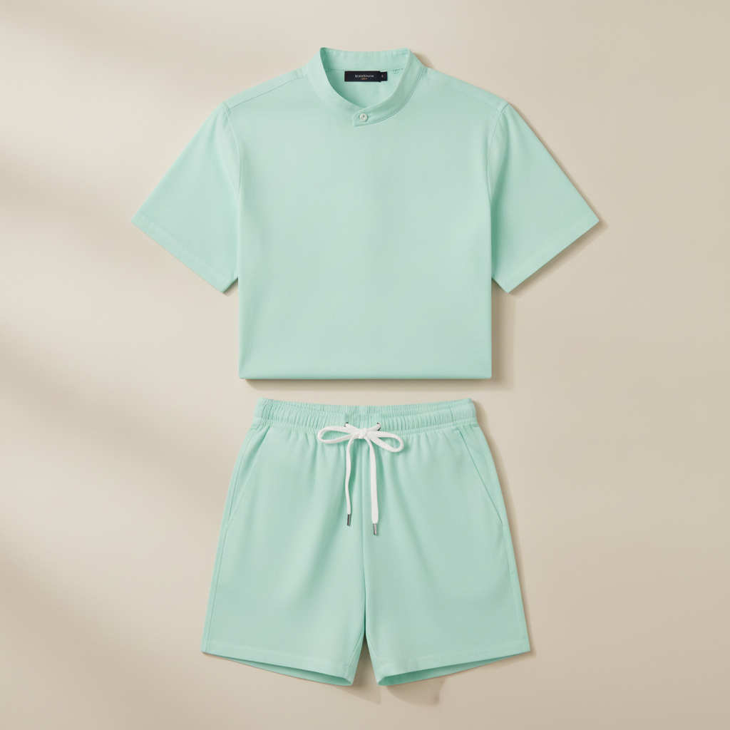 Completo Coordinato Uomo Camicia Popeline e Pantaloncini - Verde Menta