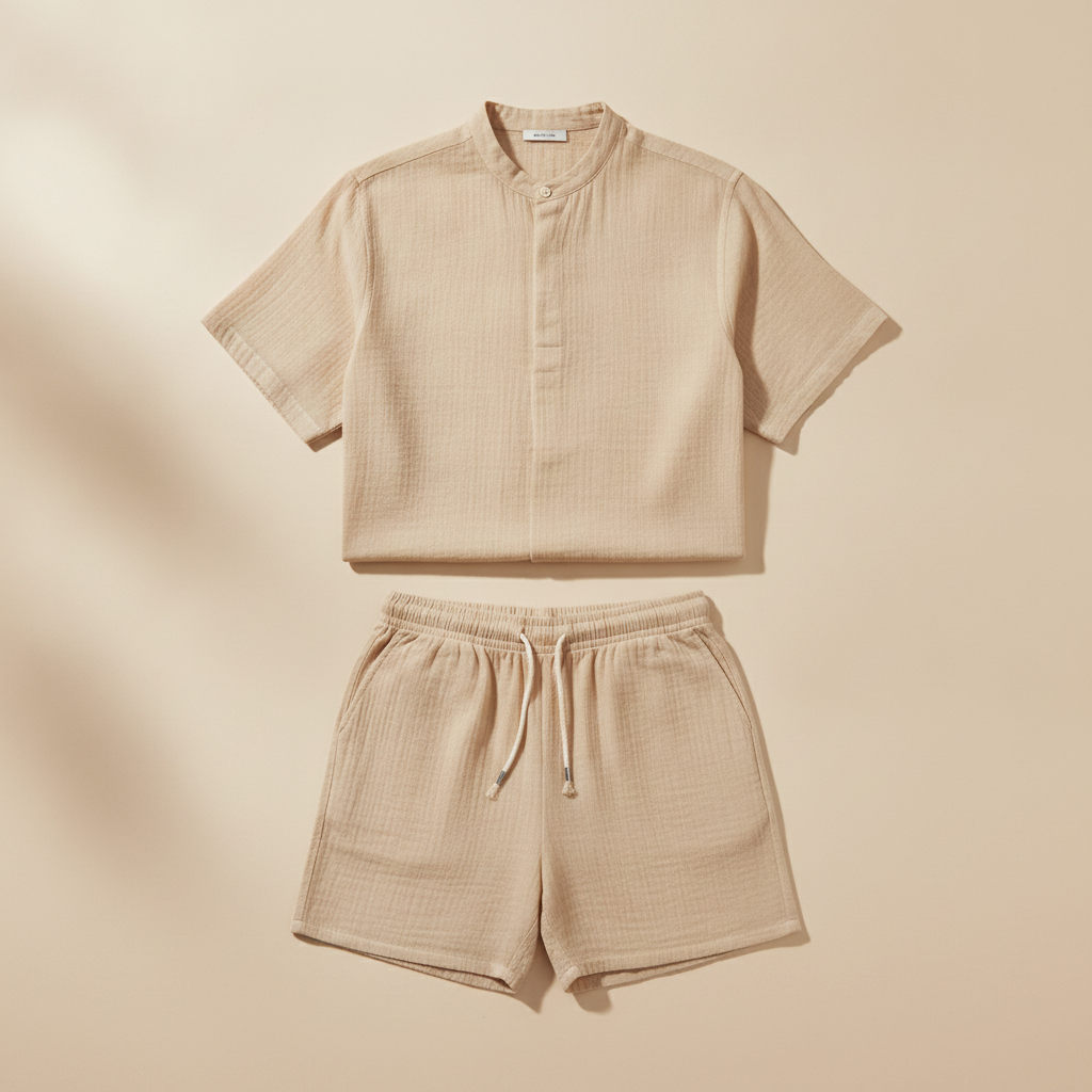Completo Coordinato Uomo Camicia Mussola e Pantaloncini - Beige Naturale