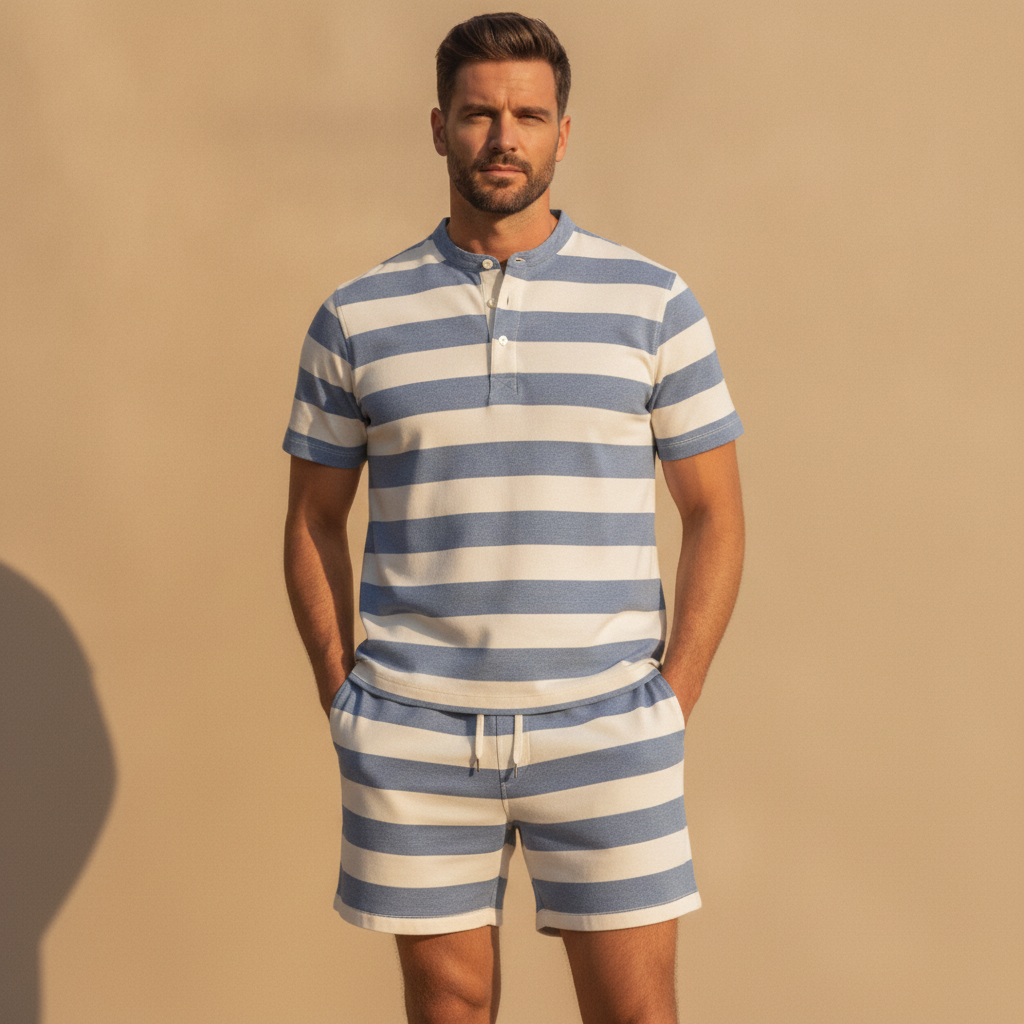 Completo Coordinato Uomo Camicia Righe Bayadère e Pantaloncini - Blu e Panna - indossato