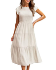 Greta Vestito Midi Donna – Girocollo, Maniche a Volant e Vita Elastica A-Line Estate