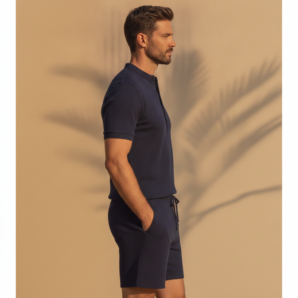 Completo Coordinato Uomo Polo Piqué Testurizzata e Pantaloncini - vista laterale