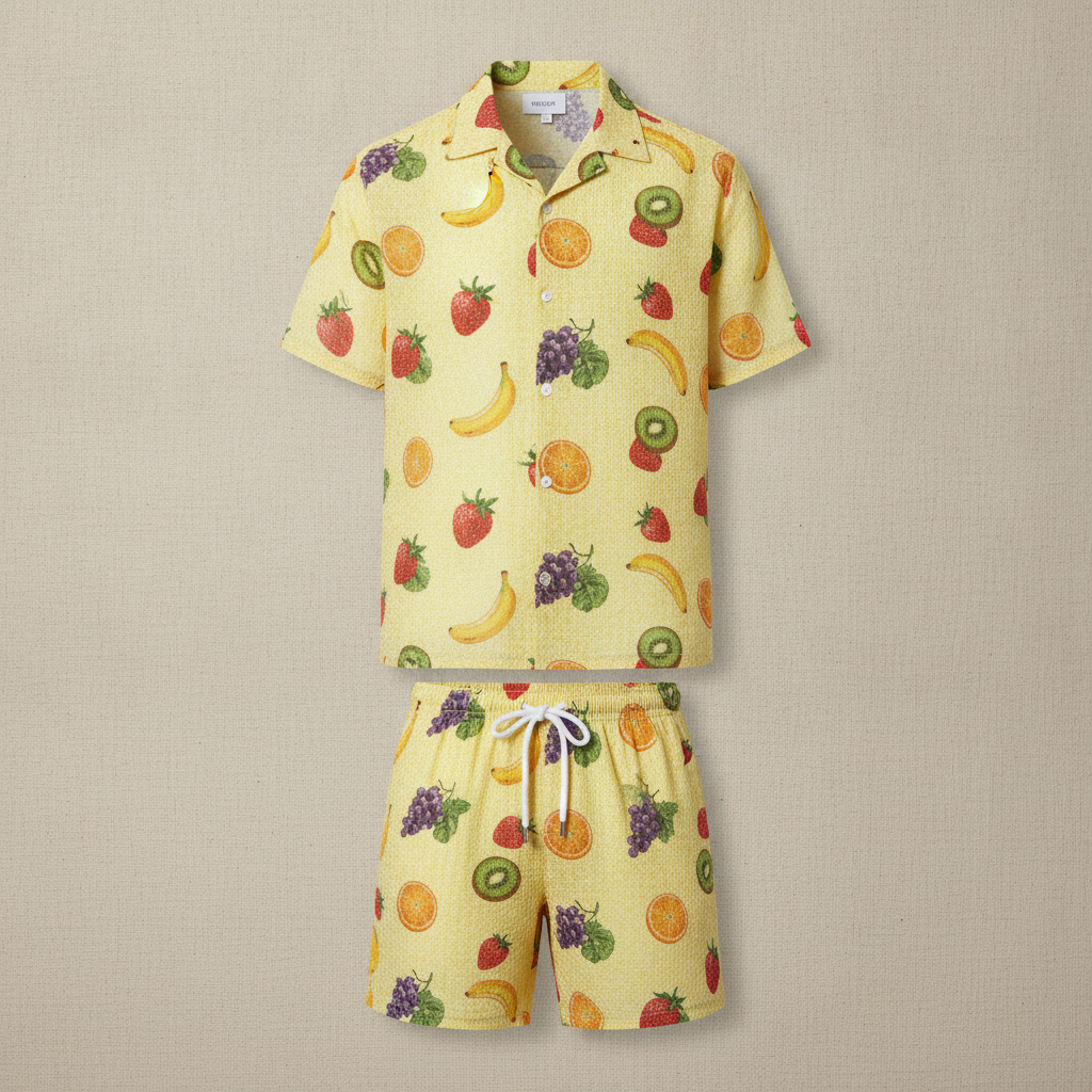 Completo Coordinato Uomo Camicia Stampa Frutti Tropicali e Pantaloncini - Frutti Verdi
