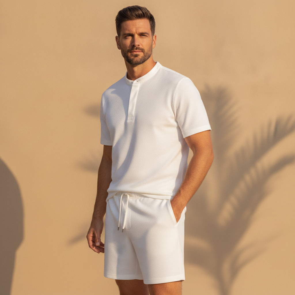 Completo Coordinato Uomo Camicia Piqué e Pantaloncini - Bianco - indossato