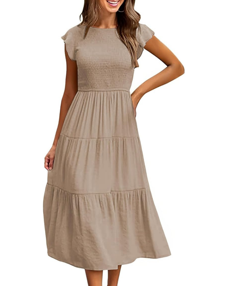 Greta Vestito Midi Donna – Girocollo, Maniche a Volant e Vita Elastica A-Line Estate