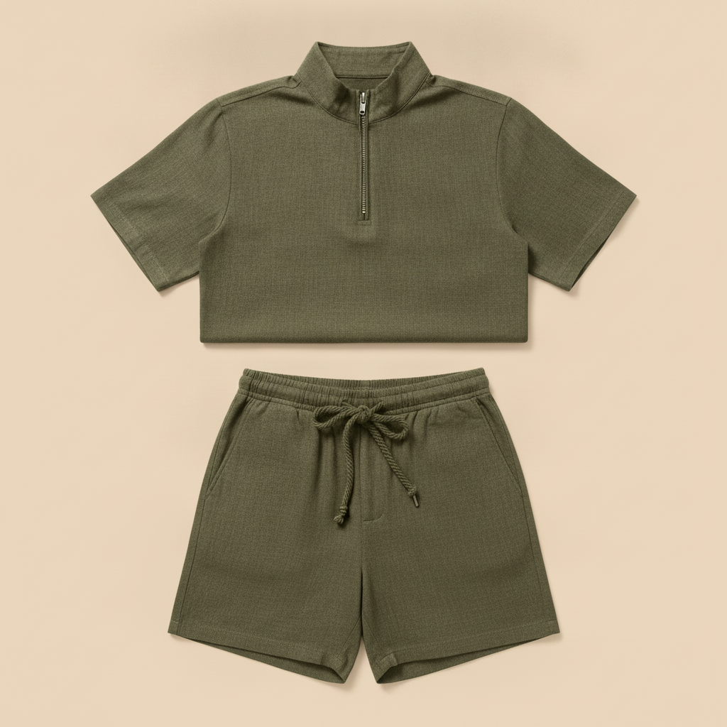 Completo Coordinato Uomo Polo Zip e Pantaloncini - Verde Militare