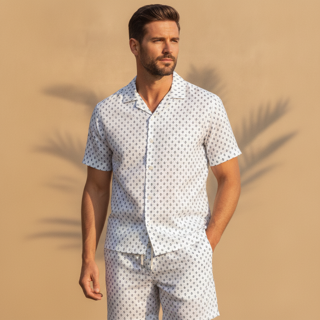 Completo Coordinato Uomo Camicia Stampa Nautica e Pantaloncini - Nautico Navy - indossato