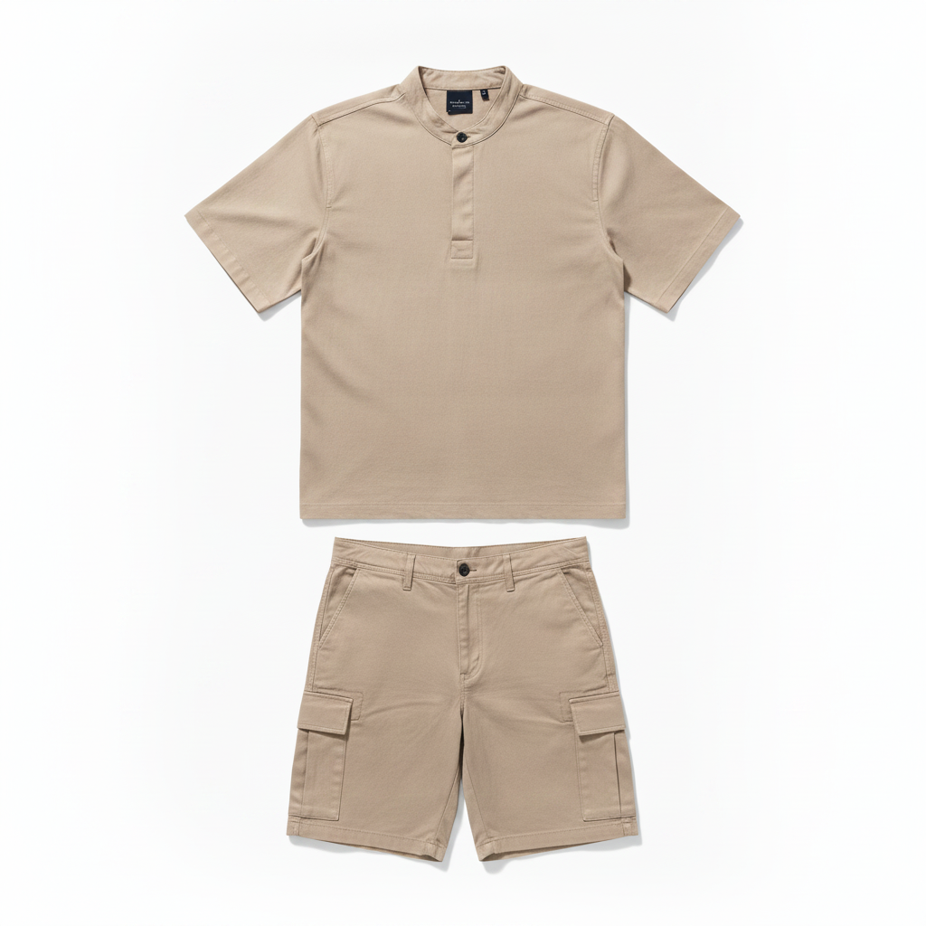Completo Coordinato Uomo Camicia e Pantaloncini Cargo - Beige