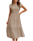 Greta Vestito Midi Donna – Girocollo, Maniche a Volant e Vita Elastica A-Line Estate