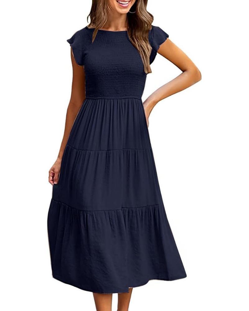 Greta Vestito Midi Donna – Girocollo, Maniche a Volant e Vita Elastica A-Line Estate