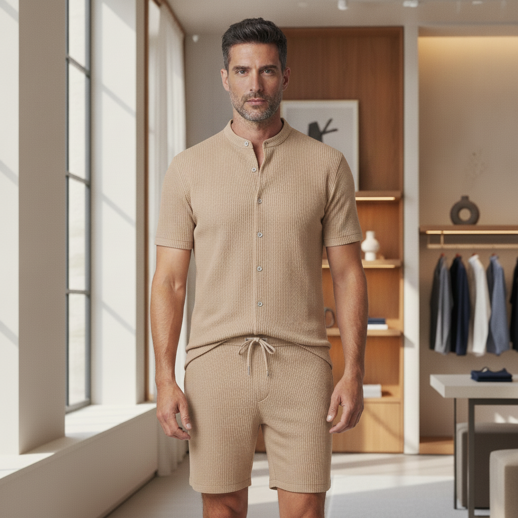 Completo Coordinato Uomo a Coste – Camicia Colletto Coreana e Pantaloncini - Beige Righe - indossato