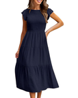 Greta Vestito Midi Donna – Girocollo, Maniche a Volant e Vita Elastica A-Line Estate