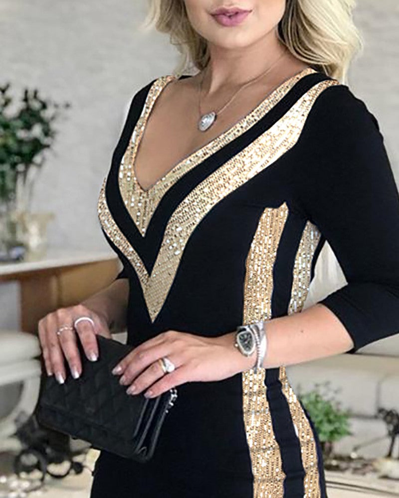 Mini abito da donna con paillettes – Scollo a V, taglio aderente